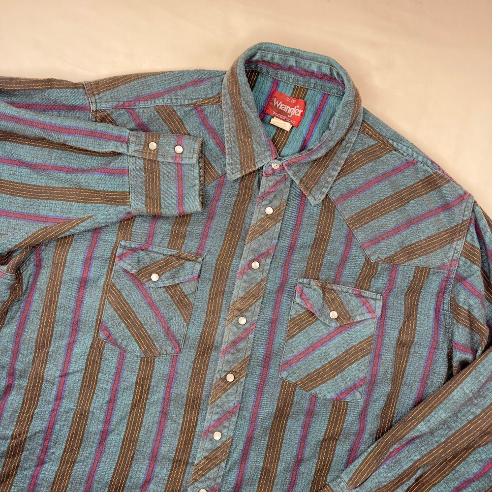 Wrangler Pearl‎ Snap Shirt Men's 2X Big Flannel Green Multicolor Long Sleeve